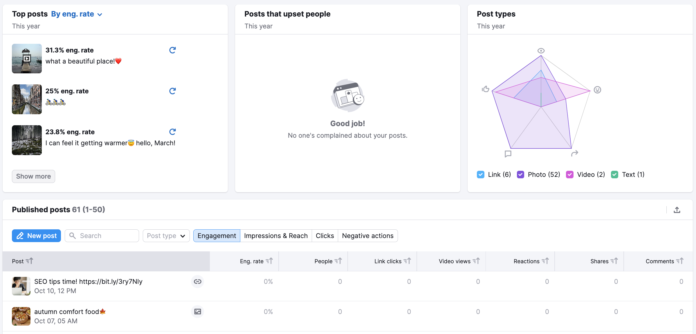 An example of the Posts Tab in the Facebook report in Social Analytics.